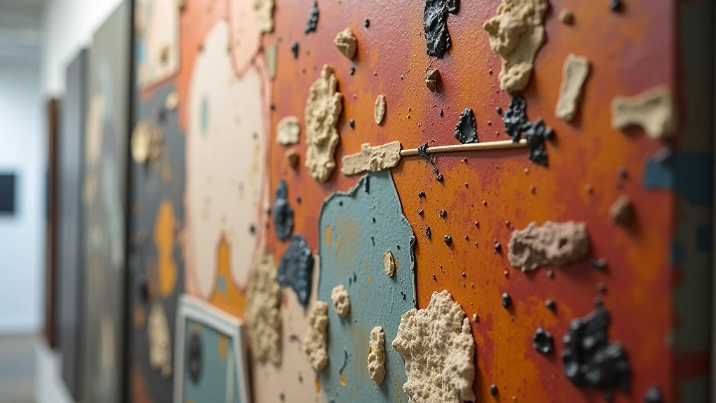 Close-up of mixed-media art installation with textured surfaces, layered materials, and abstract expressionist composition