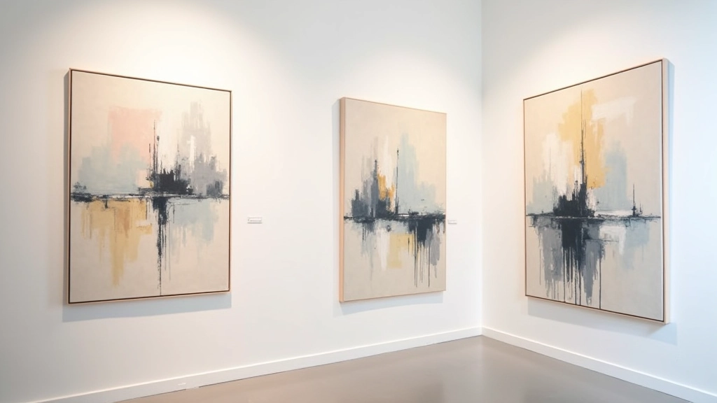 Gallery wall with vibrant abstract expressionist paintings displayed at professional height, professional museum-quality lighting
