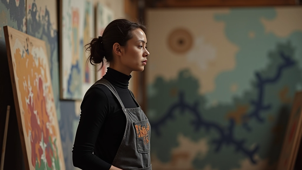 Artist working on large-scale mixed-media installation with various materials and compositional elements