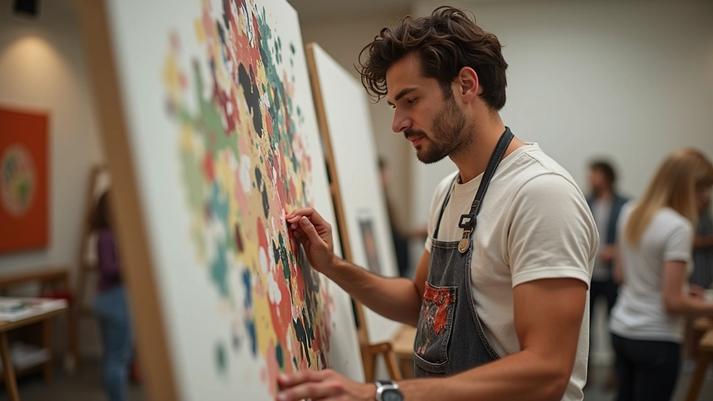 Artist working on large-scale abstract canvas in bright studio space with natural light