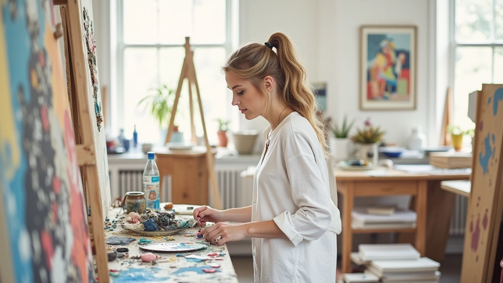 Artist working in studio with mixed-media installation materials