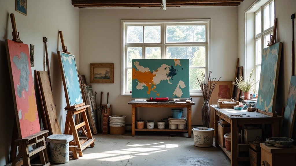 Professional artist studio with canvas, paint supplies, and natural lighting setup