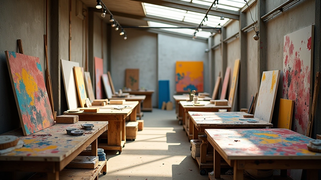 Artist studio workspace with ongoing projects, paint-splattered work tables, canvases at various stages of completion, and natural light from skylights overhead