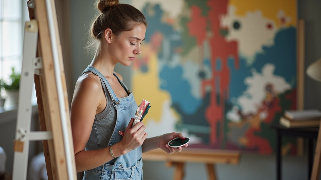 Artist actively working on abstract expressionist canvas in studio space