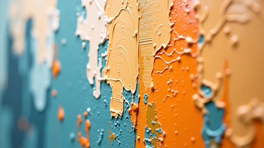 Close-up detail of abstract expressionist painting showing layered paint techniques and texture