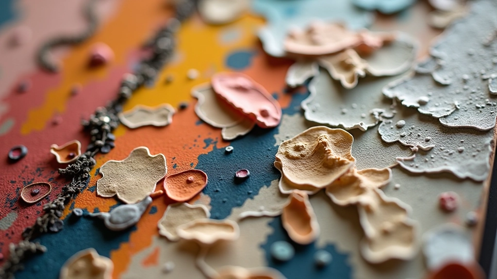 Close-up detail of mixed-media artwork showing textural complexity and material variety in abstract composition