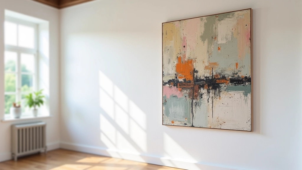 Gallery installation view showing large-scale mixed-media artwork with multiple layers and textures on white wall