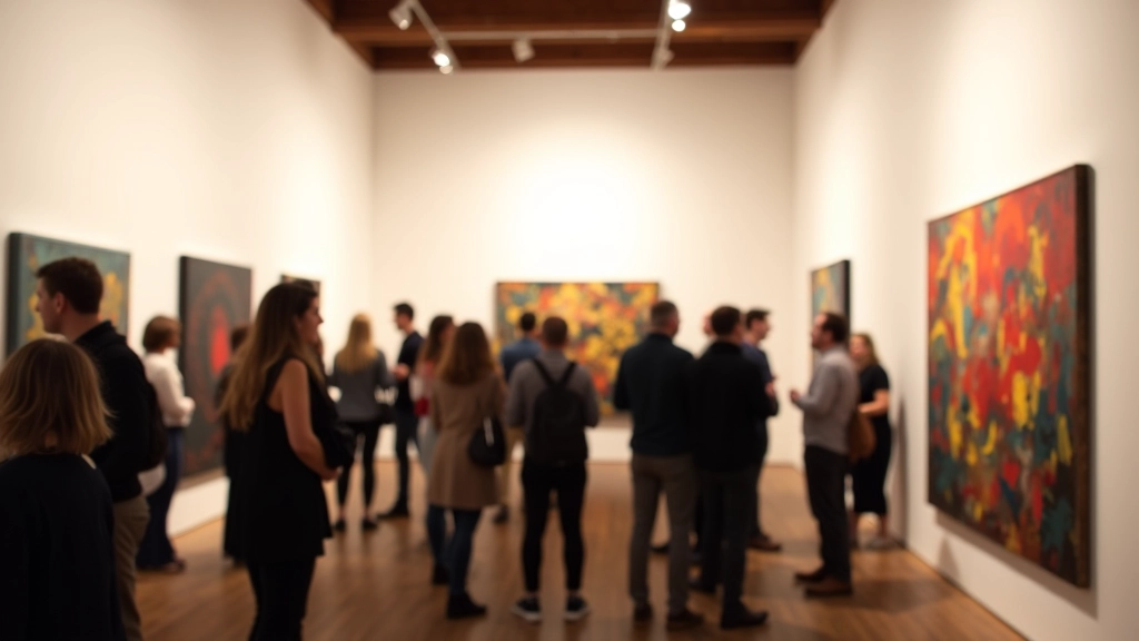 Gallery opening reception event with visitors viewing artworks and mingling