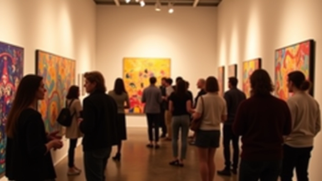 Group of gallery visitors standing together, viewing and discussing abstract art, warm gallery ambiance, engaged community
