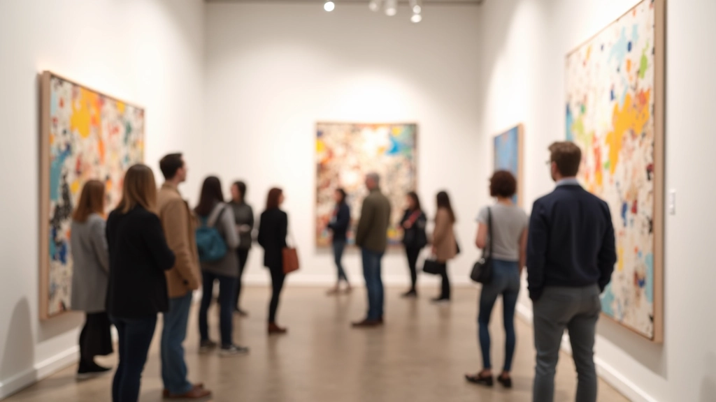 Gallery visitors examining abstract expressionist artwork, engaged in conversation near large canvas installation