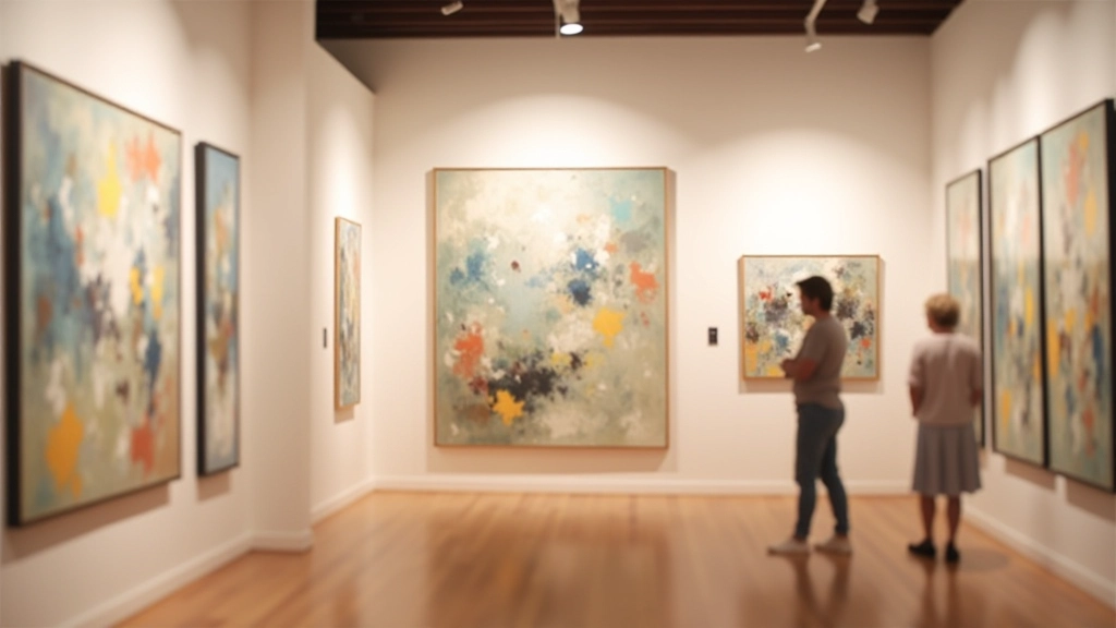 Gallery wall displaying multiple abstract expressionist paintings with varied sizes and color palettes in professional museum setting