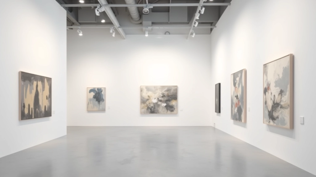 Contemporary art gallery with white walls and professional lighting displaying abstract expressionist artwork
