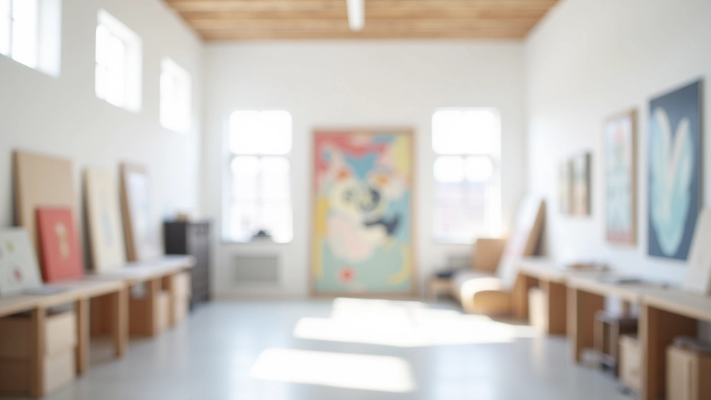 Bright modern artist studio with white walls, large windows, various art materials organized on shelves, and finished abstract paintings displayed