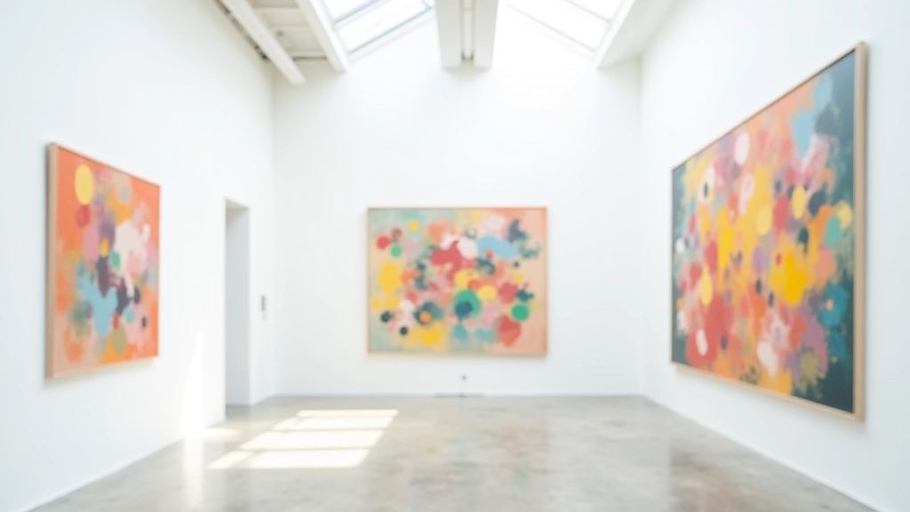 Contemporary art gallery interior with large abstract canvas paintings and white walls