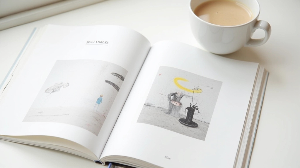 Quarterly exhibition catalogue displayed on wooden table with coffee cup and art materials