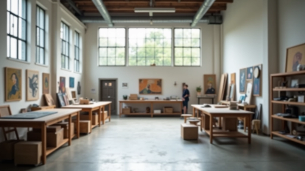 Spacious artist studio with high ceilings, industrial windows, organized material storage shelves, wooden work tables, and clean modern layout with natural light