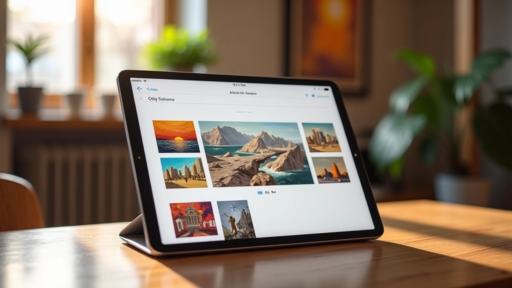 Digital tablet displaying the online exhibition catalogue interface with artwork thumbnails and navigation