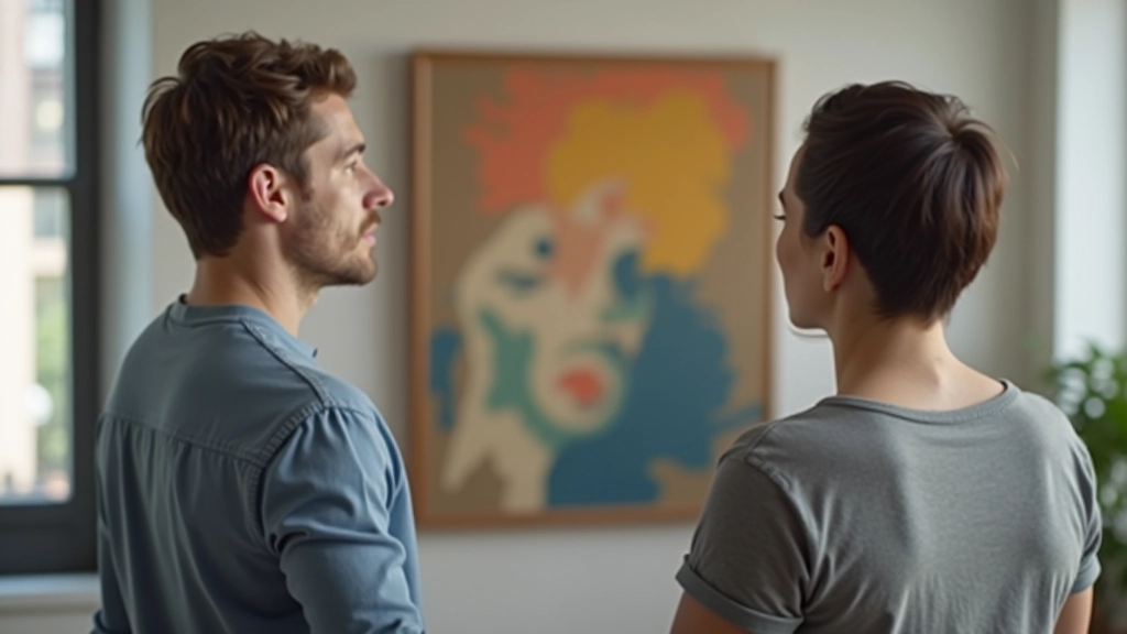 Two artists in conversation in studio space, one gesturing toward artwork on wall, engaged discussion about creative work and technique